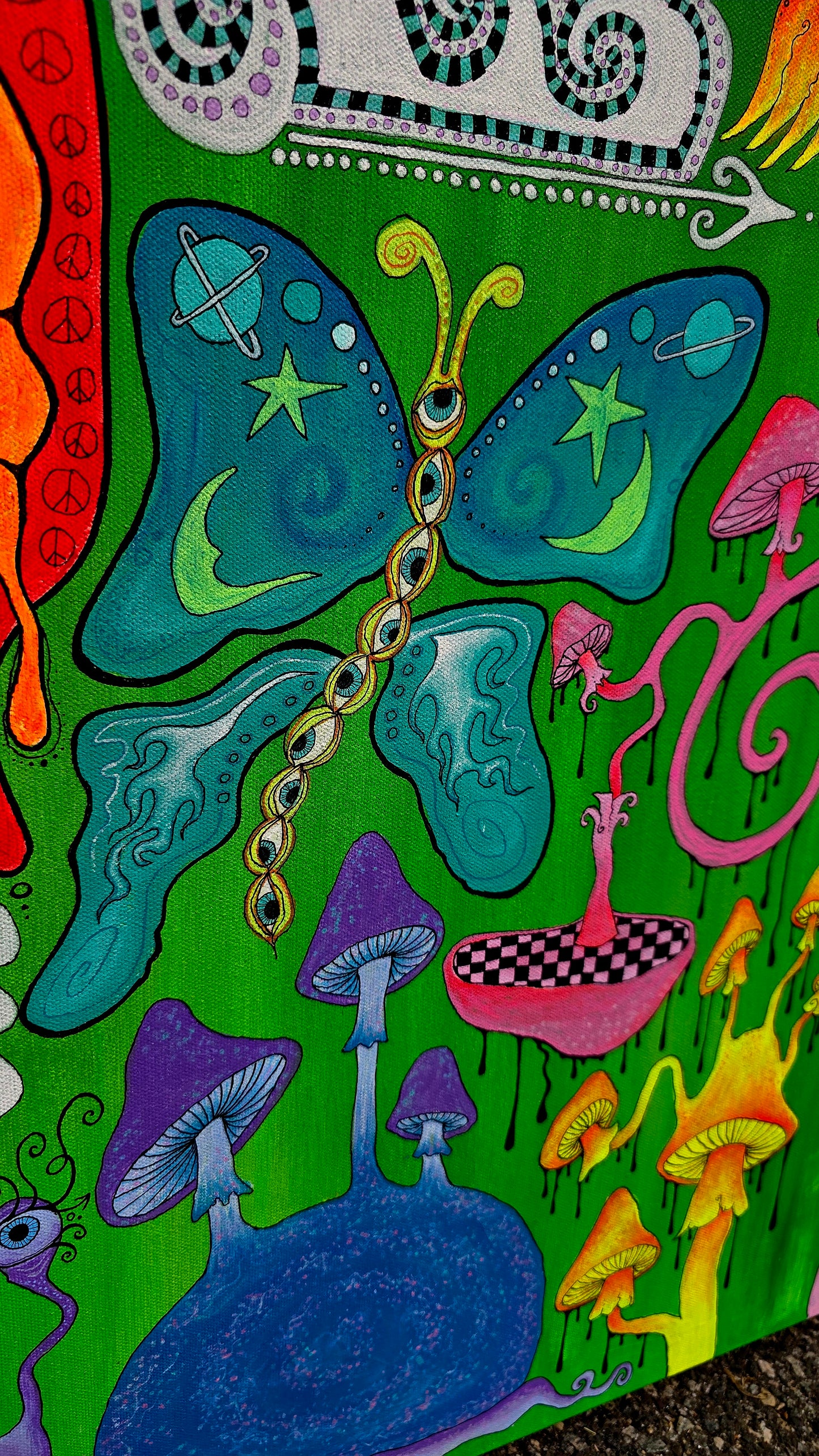 Colorful abstract artwork with mushrooms and a butterfly on a green background