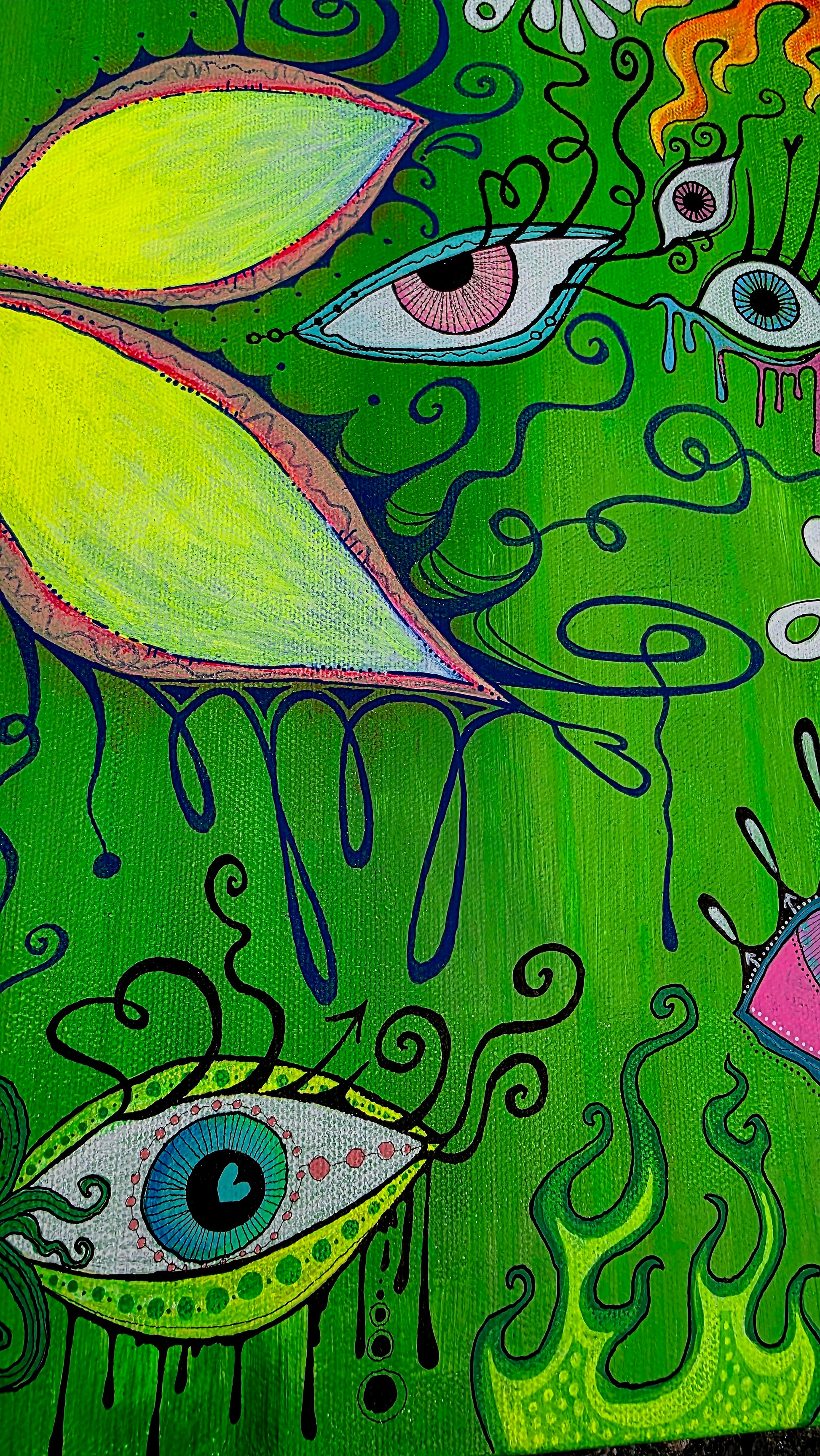 Colorful abstract artwork with eyes and swirling patterns on a green background