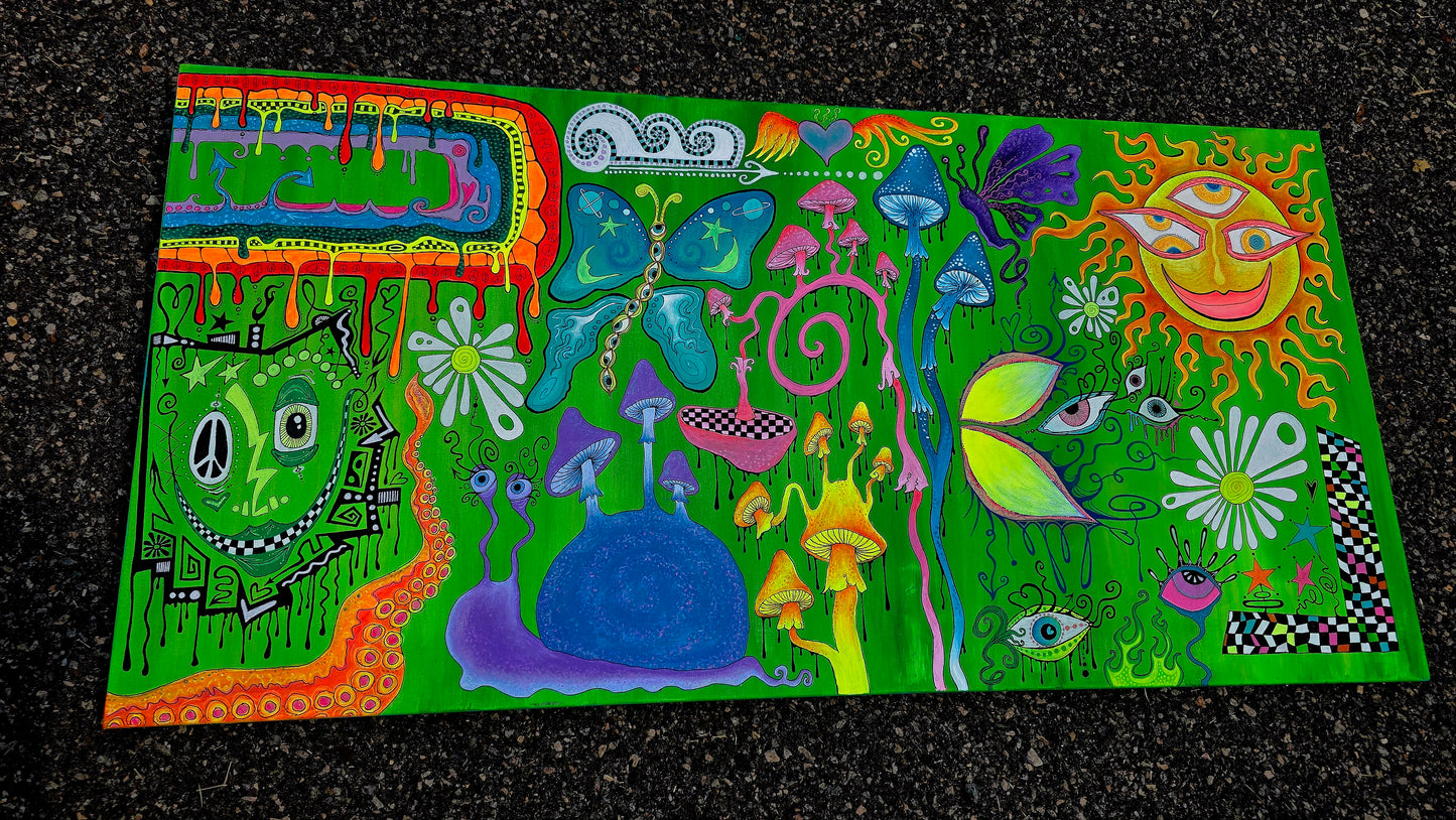 Colorful abstract artwork with various shapes and patterns on a canvas