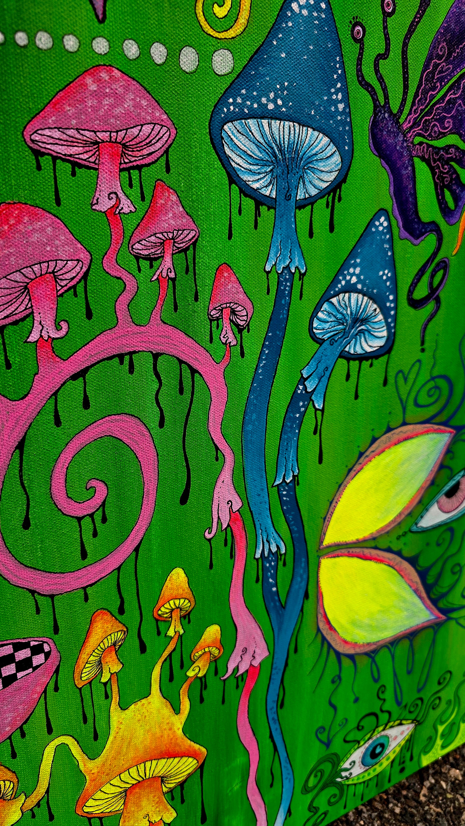 Colorful abstract artwork with mushrooms, fungi and psychedelic patterns on a green background