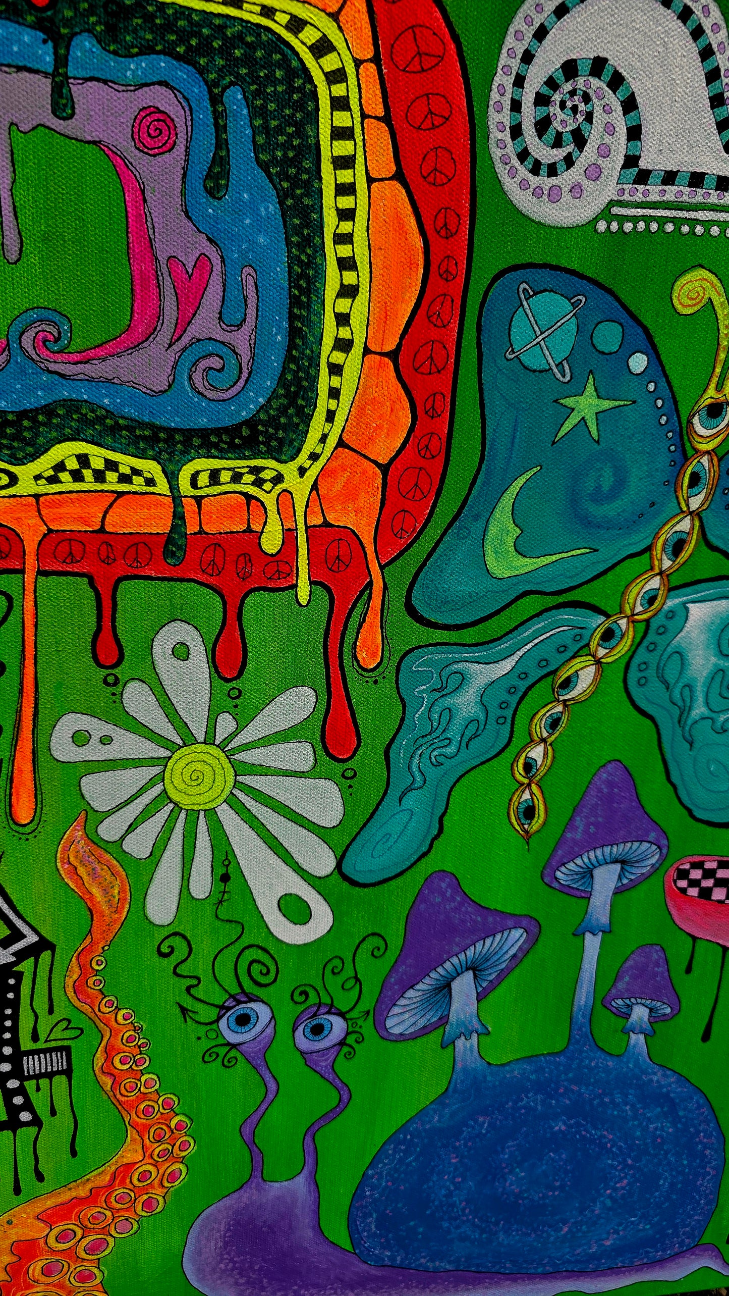 colorful abstract canvas painting peace love and fungi