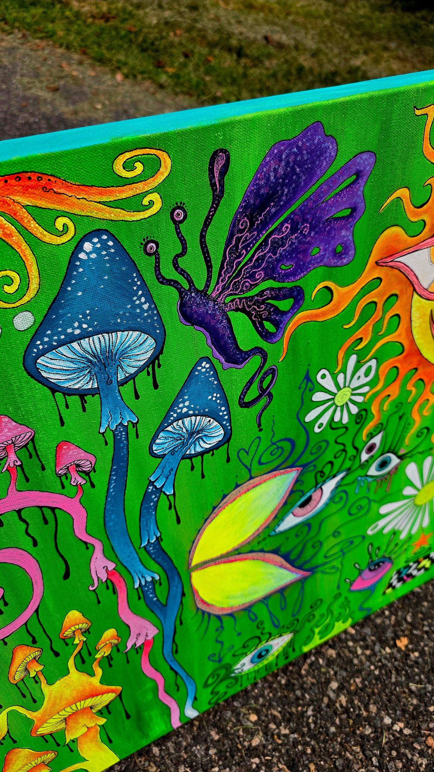 butterfly mushrooms flowers colorful painting canvas