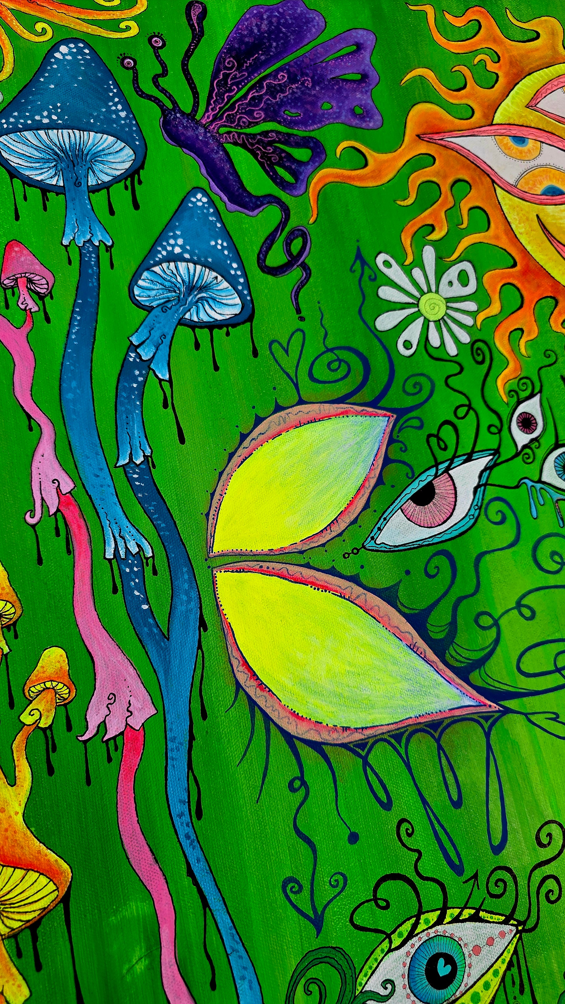 Colorful abstract artwork with mushrooms, butterflies, and other elements on a green background